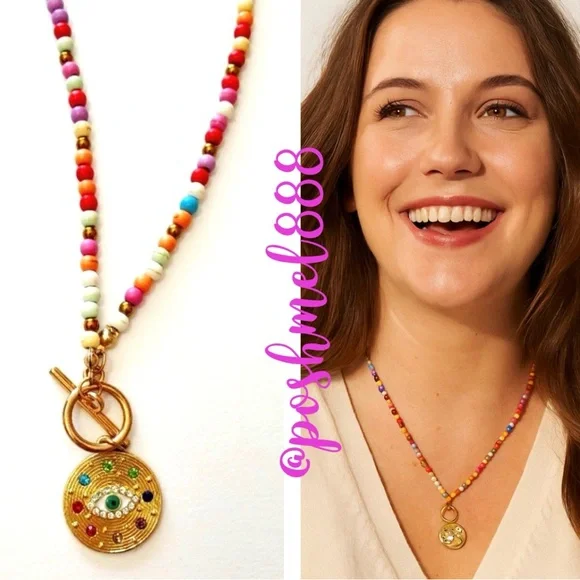 Good Luck Evil Eye Protection Rainbow Beaded Necklace wGold Toggle Clasp Pendant - Picture 1 of 6